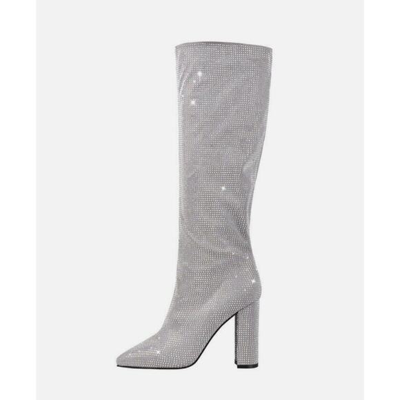 Rhinestone Knee High Boots Sparkly Chunky High Heel Pointed Toe Size 7 Wedding - Picture 1 of 13
